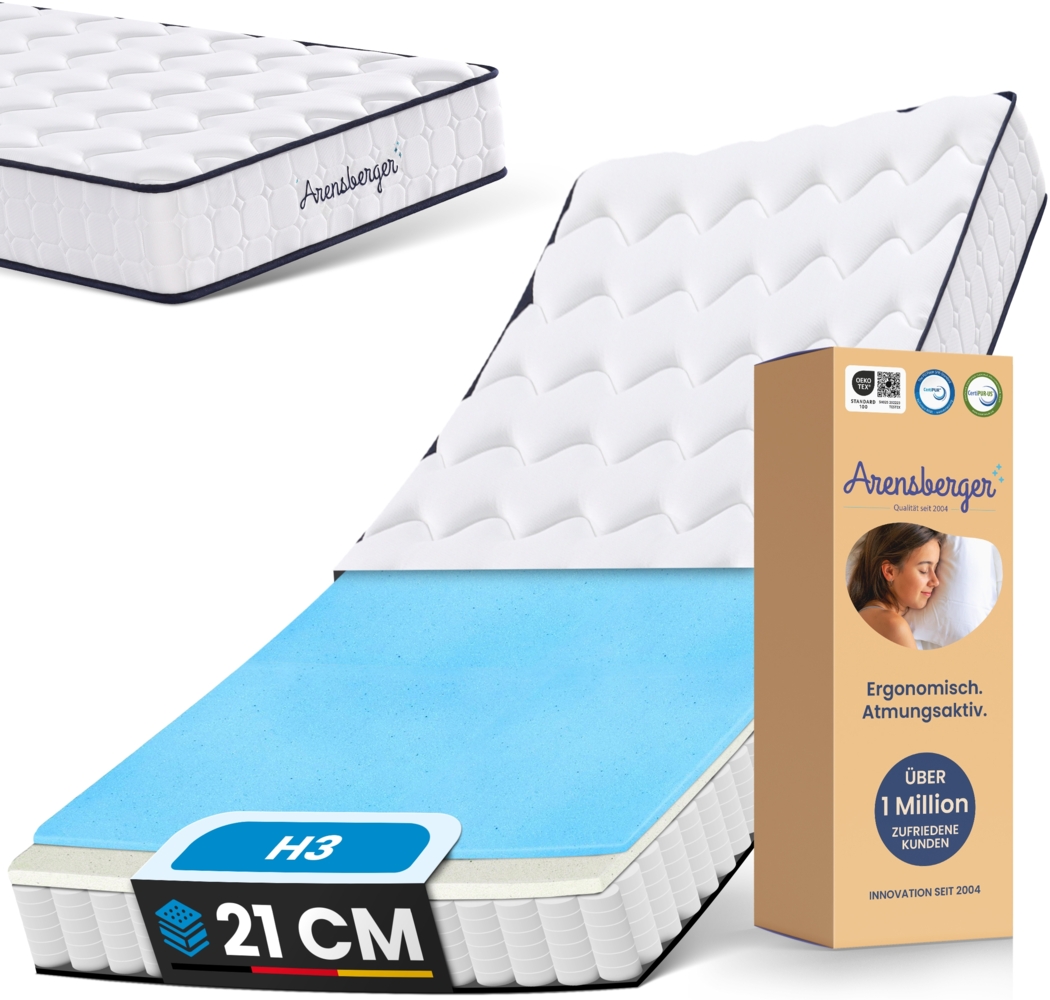 Arensberger LENA Federkernmatratze mit Memoryschaum | 180x200cm Höhe 21cm | Härtegrad H3 | HR Taschenfederkern Matratze | Rollmatratze Bild 1