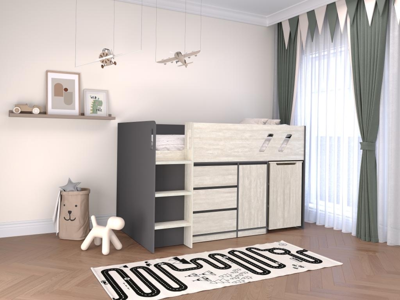 Vente-unique - Kombi-Bett mit Schreibtisch & Stauraum - 90 x 190 cm - Anthrazit & hellgraue Holzoptik - SAGITI Bild 1