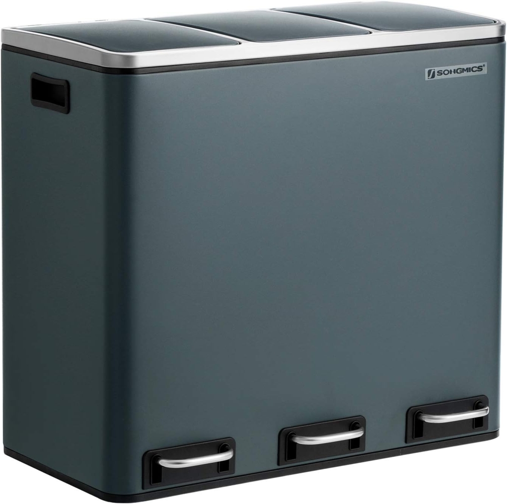 Songmics Mülleimer mit Deckel mit langsamem Verschluss, Inneneimern & Griffen, Rauchgrau, 3 Fächer, 3x18 Liter Bild 1