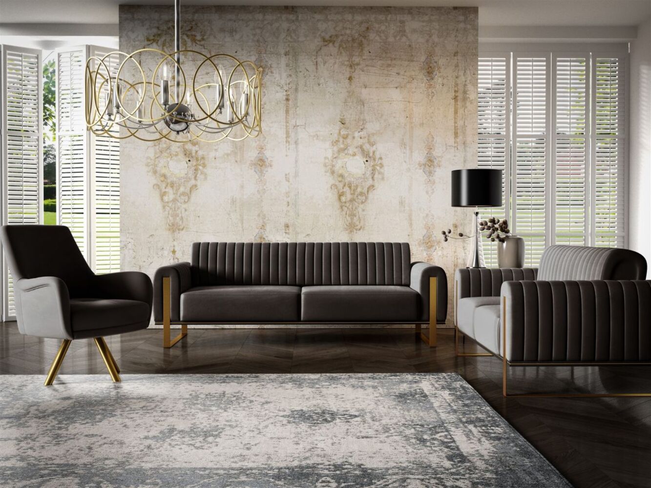 Sofaset Designersofas VALERIE 3-2-1 in Stoff Stoff Elisa Velvet Schwarz Bild 1