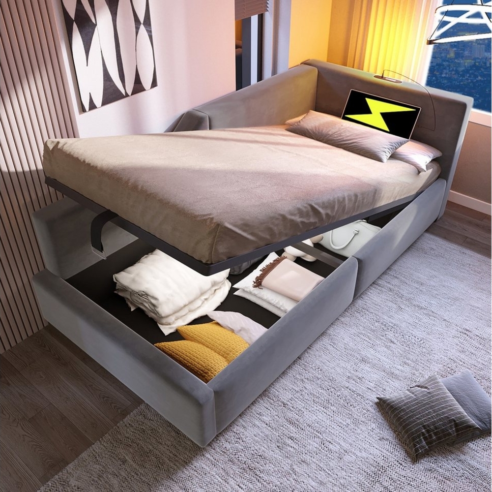 Merax Daybett mit hydraulischem Stauraum (Hydraulisches Schlafsofa Kinderbett Jugendbett Sofabett aus Samt, 1 tlg), Polsterbett Tagesbett 90x200cm mit USB-C Ladeanschluss & Leselampe Bild 1