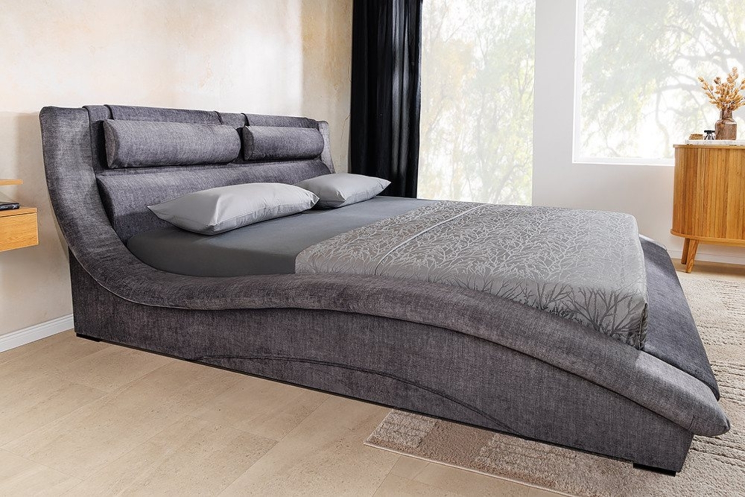 riess-ambiente Polsterbett SWING 180x200 cm grau · Samt · mit Stauraum & Lattenrost (Einzelartikel, 1-tlg), geschwungenes Rahmenbett · mit Nackenstützkissen & Bettkasten Bild 1