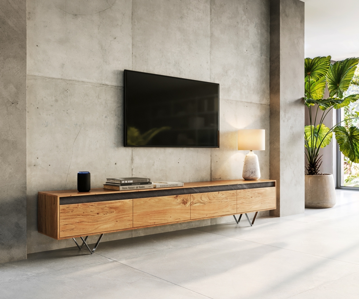 Design-Lowboard Stonegrace 240 cm Akazie Natur Schiefer 4 Türen Bild 1