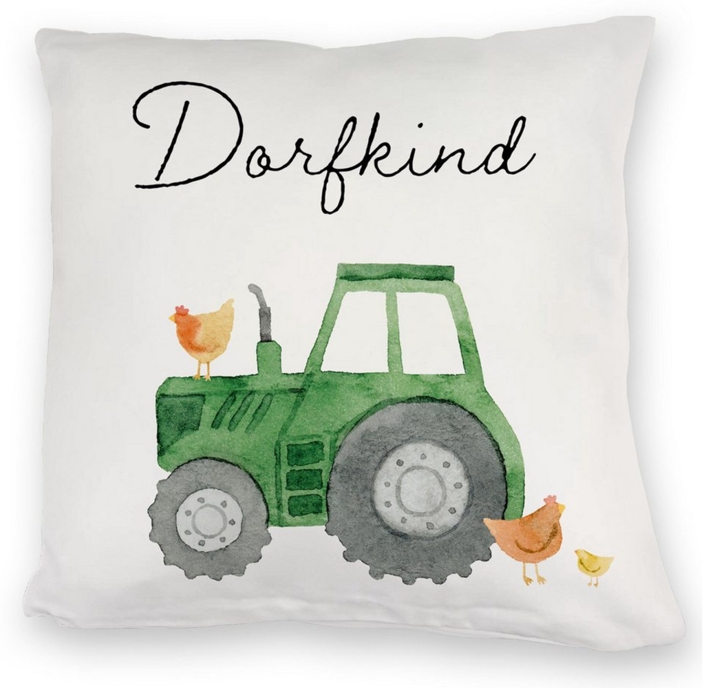 speecheese Dekokissen Dorfkind grüner Traktor Kuschelkissen Bild 1