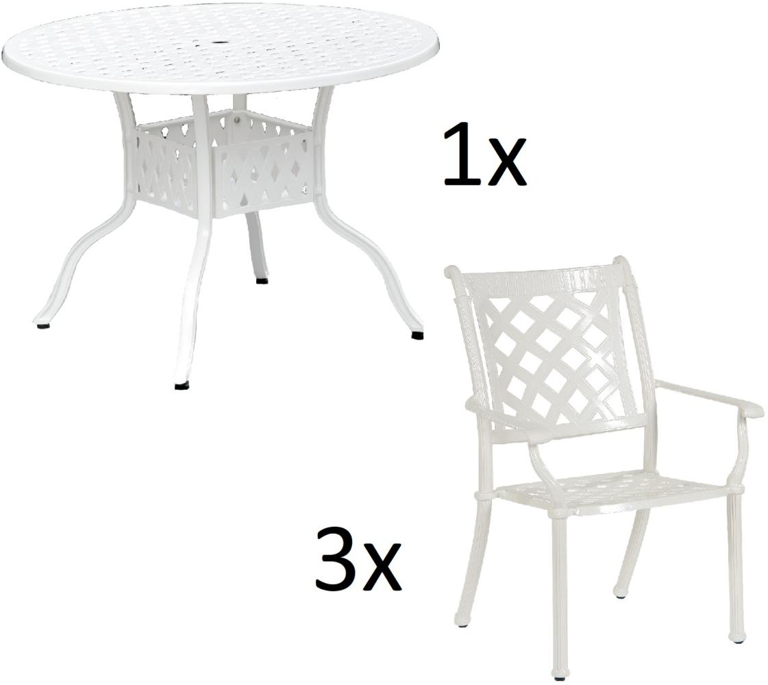 Inko 4-teilige Sitzgruppe Aluminium Guss weiß Tisch Ø 106 cm mit 3 Sesseln Tisch Ø106 cm mit 3x Sessel Duke Bild 1