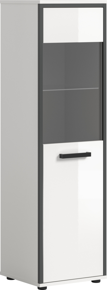 Badschrank (B/H/T: 40x139x34 cm) in weiß/weiß hochglanz/Rahmen anthrazit/Frontglas grau getönt Bild 1
