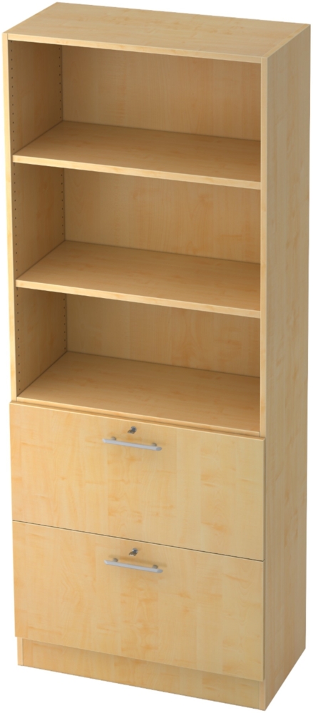 bümö office Aktenschrank mit Hängeregister-Schubladen abschließbar, Büroschrank Holz, 80cm breit in Ahorn - Hängeregistratur für Hängeordner, Büro Schrank mit Relinggriffen, 7300-3-3-RE Bild 1