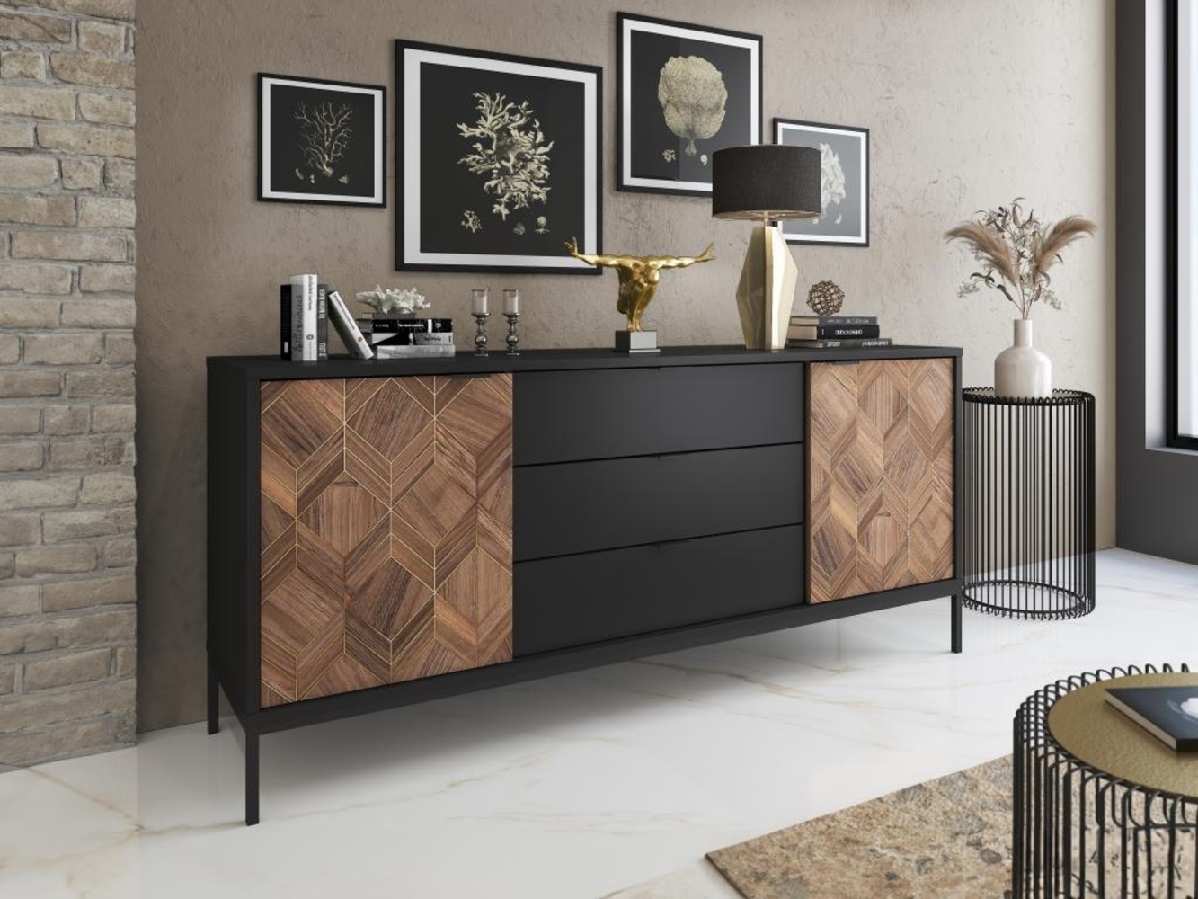 Vente-unique - Sideboard mit 2 Türen & 3 Schubladen - Schwarz & Holzfarben dunkel - MIALINE Bild 1