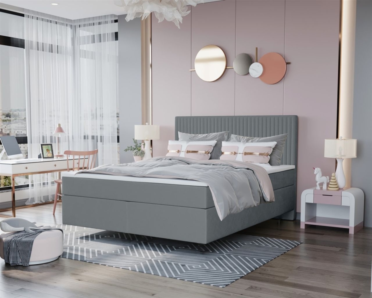 Boxspringbett Schlafzimmerbett ROCIO Nr. 2 Premium 140x200 cm in Stoff Grau Bild 1