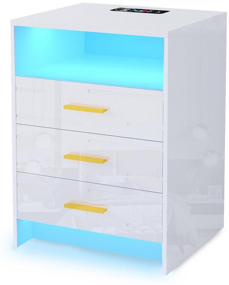 LVifur Nachttisch RGB Nachtschrank mit 20 Farben LED, kabelloser Ladestation, USB Typ-C (1-St), 3 Schubladen/offenes Fach, Bewegungssensor, 40Tx45Bx61H cm, weiß Bild 1