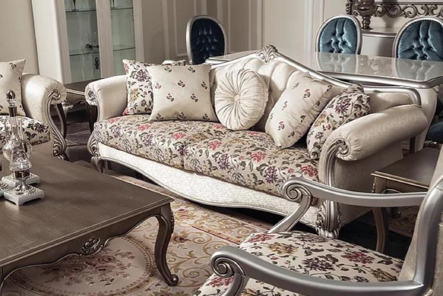 Casa Padrino Luxus Barock Sofa Creme / Beige / Silber 230 x 84 x H. 99 cm - Edles Wohnzimmer Sofa mit Blumenmuster und dekorativen Kissen Bild 1