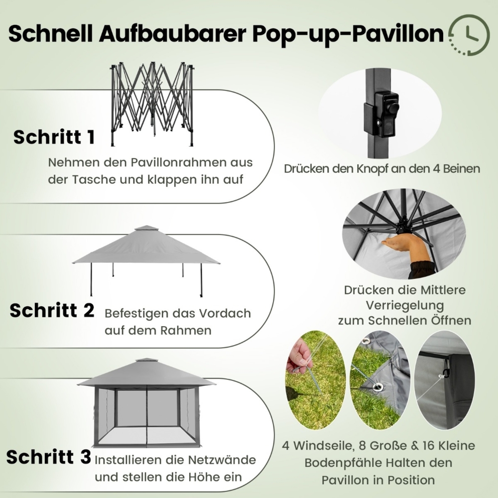 4 x 4 m Pavillon Gartenpavillon mit Netzseitenwänden UV-Schutz 50+ Grau Bild 1