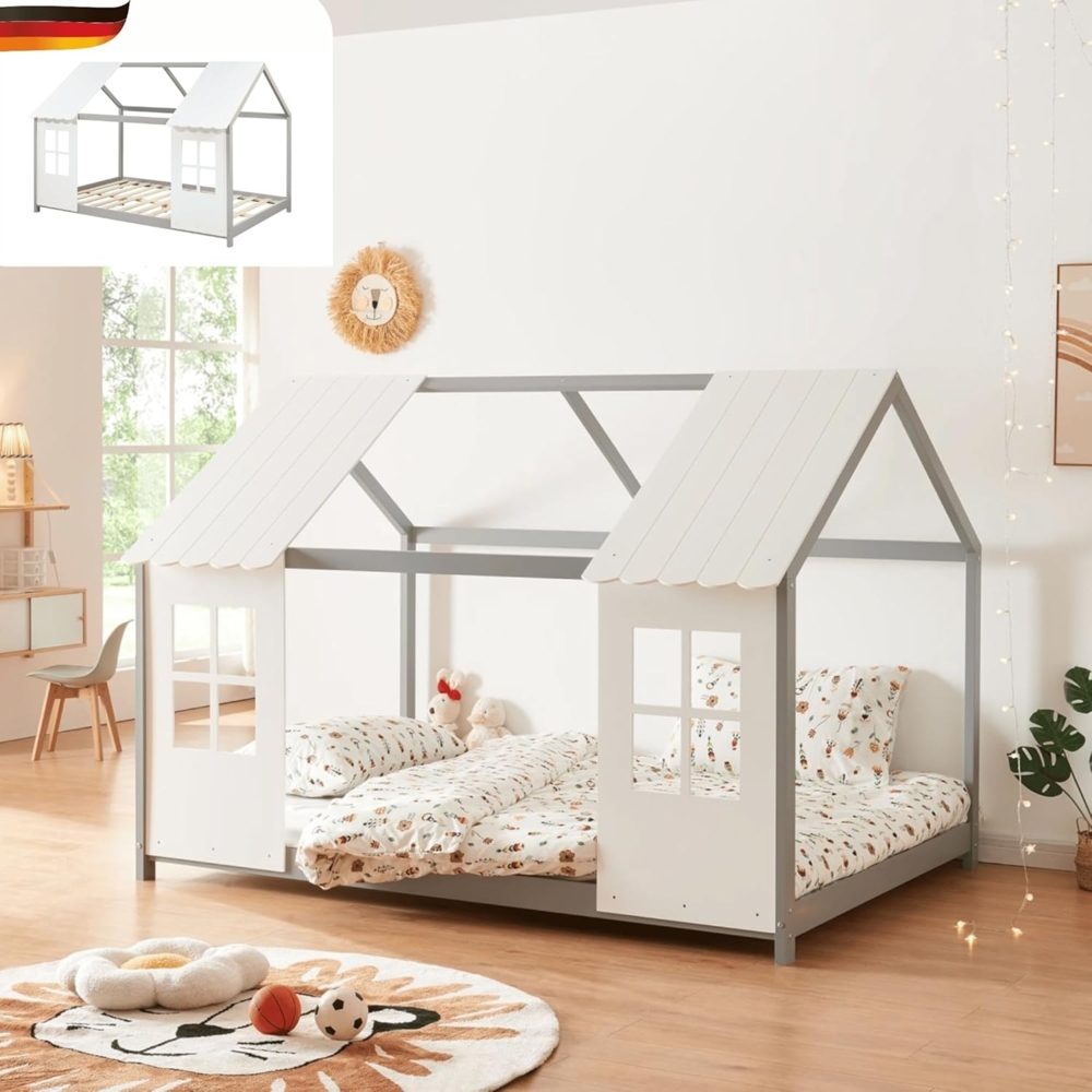 DELUKE® Kinderbett 140x200 GELO - mit Lattenrost Rausfallschutz Haus-OptikEinzelbett aus Holz Hausbett Kinderzimmer Montessori Bett Grau Bild 1