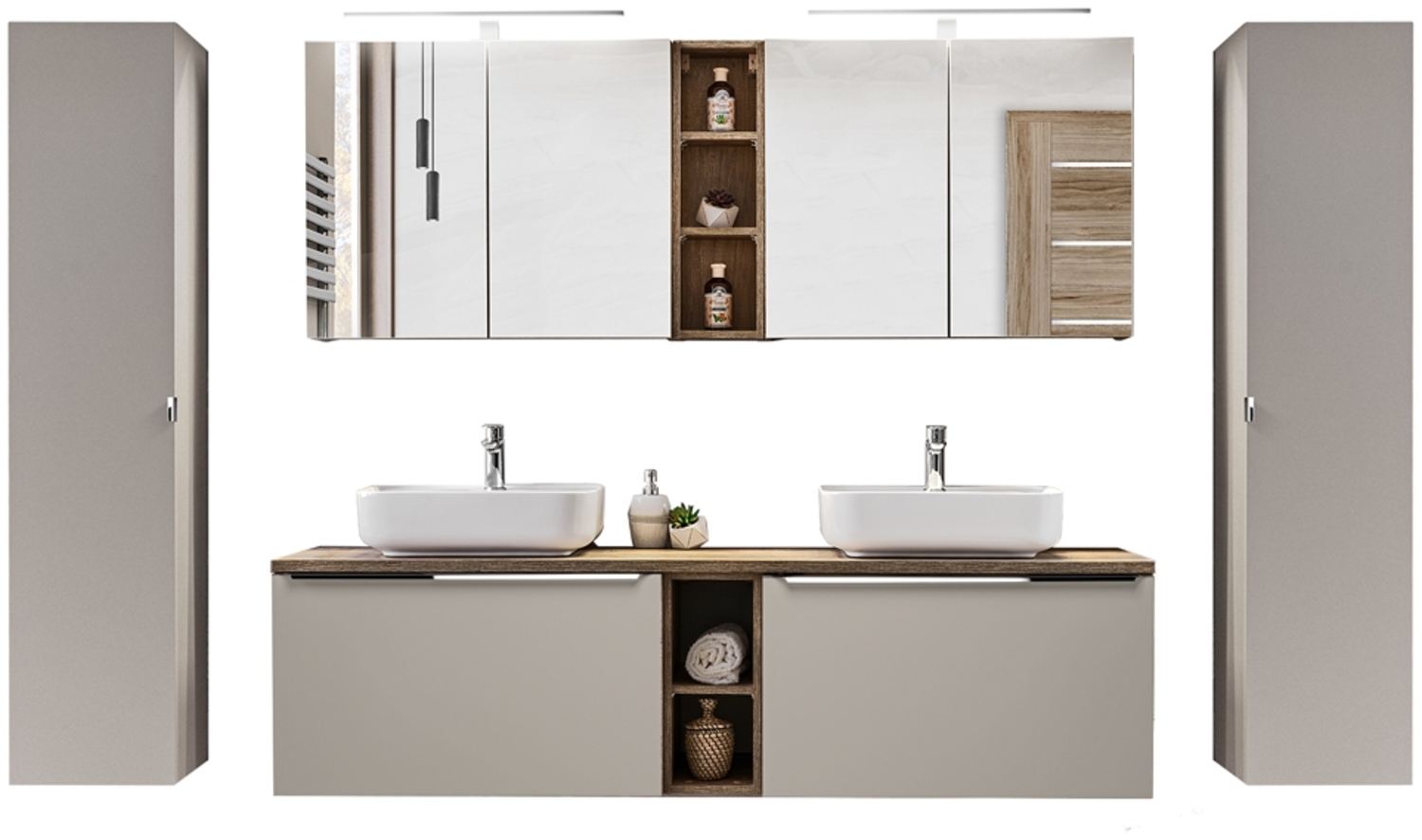 Badmöbel Set in taupe mit Vintage Eiche PUEBLA-56-TAUPE Doppel-Waschtisch mit 2 Keramik-Waschbecken, 2 LED-Spiegelschränke & 2 Hochschränke, B/H/T 270/200/46 cm Bild 1