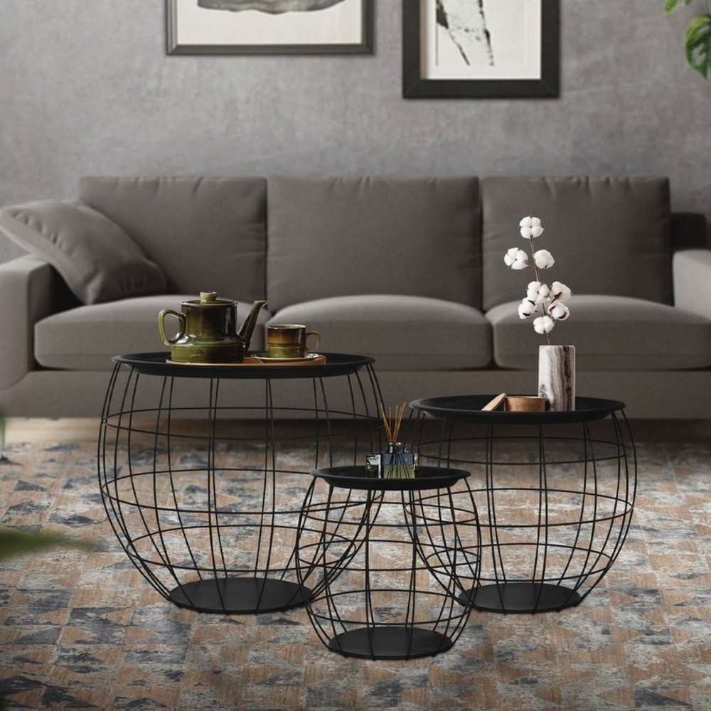 ML-DESIGN Beistelltisch Sofatische aus Metall rund Wohnzimmertische Satztische (3-St), Couchtisch Schwarz Metallkörbe Drahtkorb mit abnehmbarer Tischplatte Bild 1