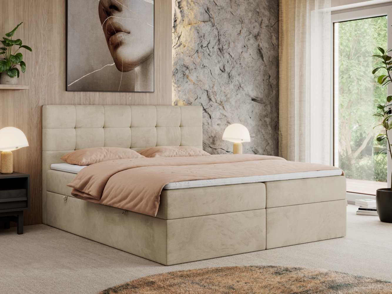 Boxspringbett, Doppelbett Matratze und Topper, Polsterbett - CENTOS - 120x200cm - Beige Velours - H4 Bild 1