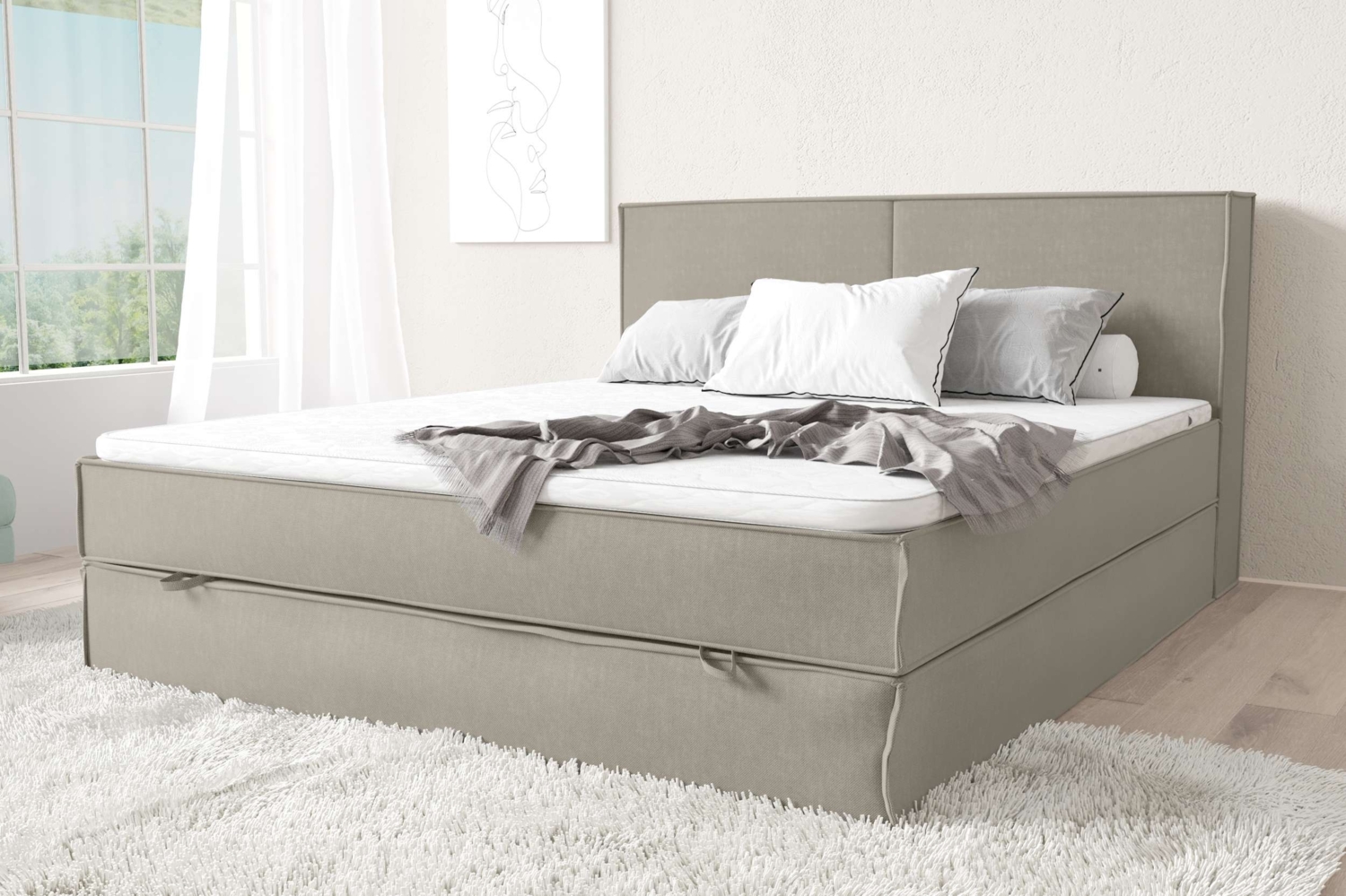 99rooms Samson Boxspringbett 120x200 cm Strukturstoff INARI Beige Bonnel-Federung Bild 1
