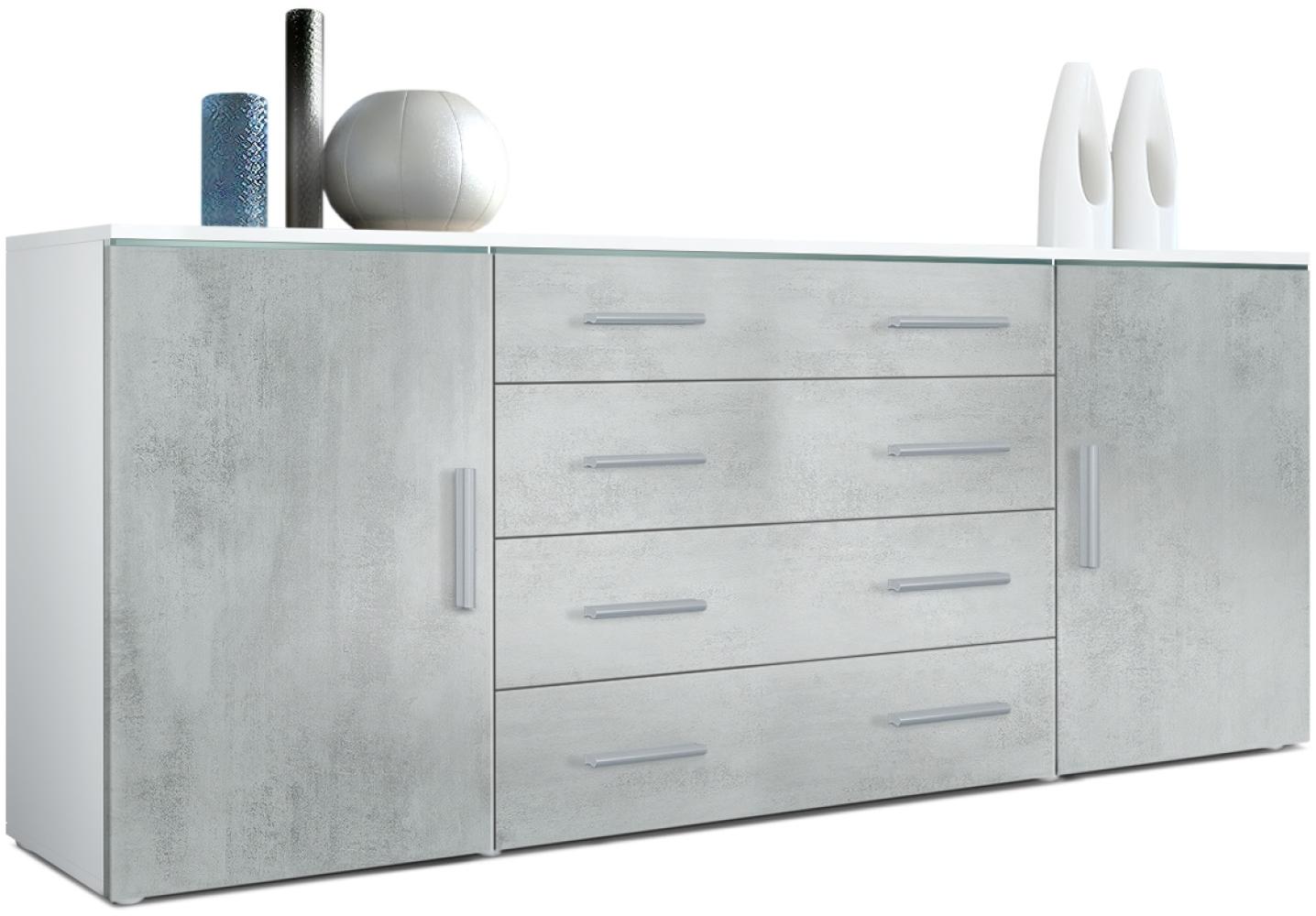 Vladon Sideboard Faro V2, Kommode mit 2 Türen und 4 Schubladen, Weiß matt/Beton Oxid Optik (166 x 72 x 35 cm) Bild 1