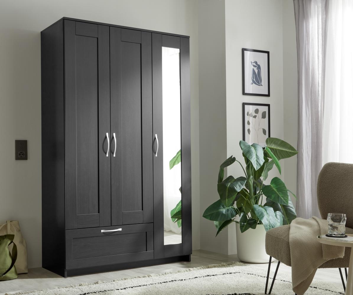 SALIAS Kleiderschrank mit Spiegeltür in Schwarz - Vielseitiger Drehtürenschrank 3-türig für Ihr Schlafzimmer - 117 x 190 x 50 cm (B/H/T) Bild 1