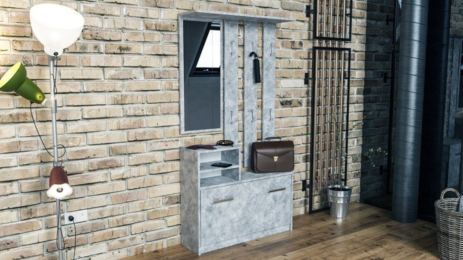 TOPESHOP Garderoben-Set Traumgarderobe: Kleiderschrank, Garderobenständer & Spiegel beton (H 180 x T 24 x B 85 cm) Bild 1