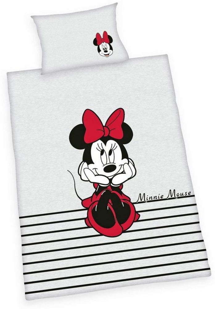 Herding Babybettwäsche 100x135cm Disney Minnie Mouse Grau Schwarz Rot, Renforcé, 2 teilig, süßes Design mit Reißverschluss am Bettbezug Bild 1