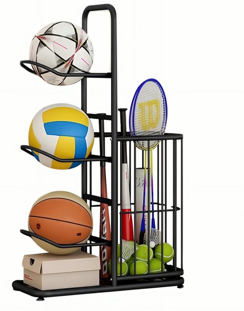 BlingBin Sportgeräte-Regalwagen Ball Aufbewahrung Ballständer Organizer Für Sportgeräte, Basketball Aufbewahrungsregal, Stehende Ballhalterung aus Stahl 1-tlg, Abnehmbarer vertikaler Regalständer mit 3 Ballständern und Körben Bild 1
