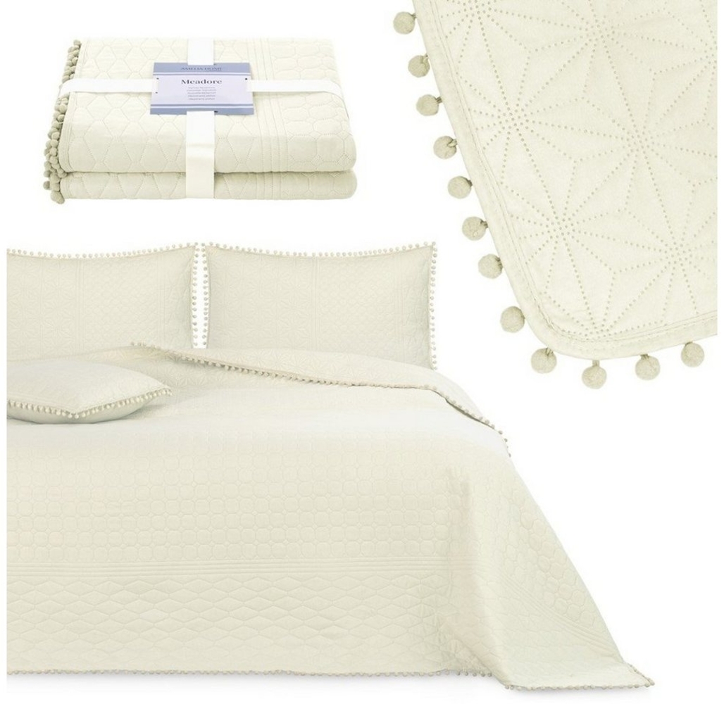 AmeliaHome Tagesdecke mit Pompons 170x210 cm Bettüberwürf zweiseitig Ultrasonic Steppung Polyester Meadore Creme Bild 1