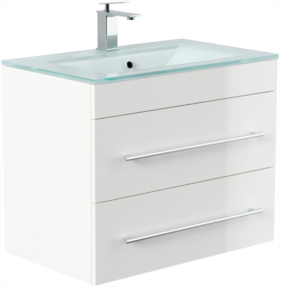Badmöbel Vitro 750 mit Glaswaschbecken SoftClose weiss hochglanz : Weiss hochglanz Bild 1