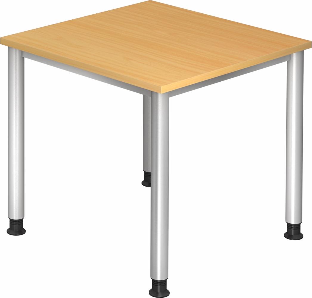 bümö höhenverstellbarer Schreibtisch H-Serie 80x80 cm in Buche, Gestell in Silber - PC Tisch klein für's Büro manuell höhenverstellbar, Computertisch verstellbar, HS-08-6 Bild 1