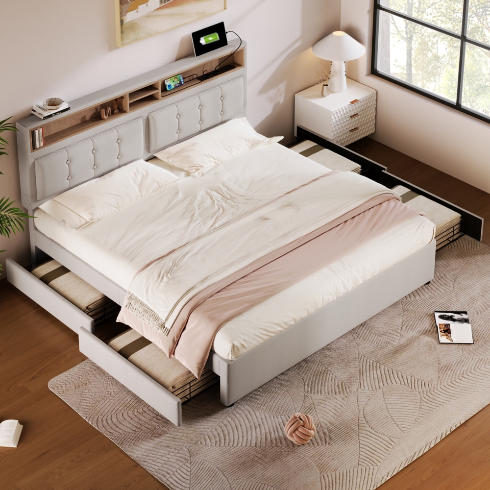 Polsterbett 160x200 cm mit Stauraum und USB-/Type‑C-Anschlüssen aus Leinen Bild 1