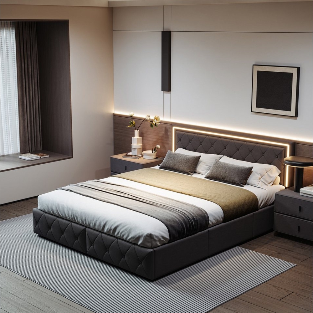 Furnishings Home Polsterbett Stauraumbett Doppelbett Jugendbett (Verstellbare Kopfteilhöhe), Mit LED-Beleuchtung,vier Schubladen auf Rollen, Kunstleder, 160x200 cm Bild 1