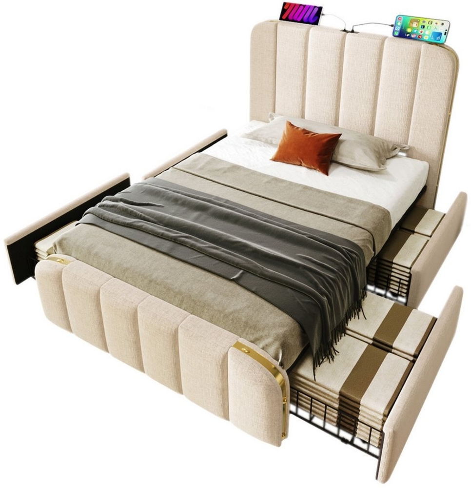Flieks Polsterbett, Einzelbett 90x200cm mit USB/Typ-C Ladefunktion und 4 Schubladen Bild 1