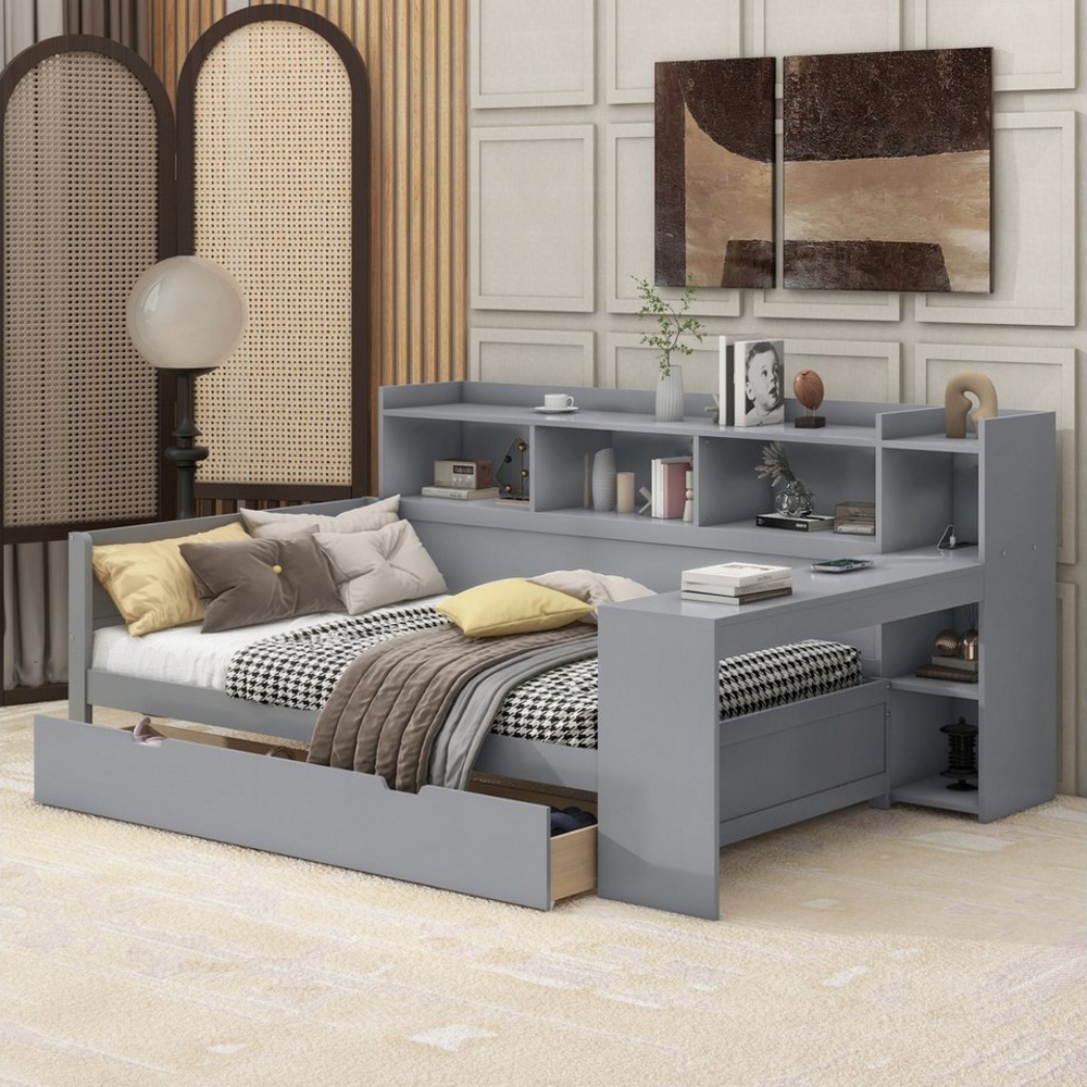 OKWISH Schlafsofa Tagesbett,mit integriertem Schreibtisch und USB-Ladeanschluss, Schlafsofa, Tagesbett mit 2 Schubladen, USB-Anschluss & Ladebuchse, Nachttischablage, Multifunktionales Daybed für, ohne Matratze, ohne Matratze Bild 1