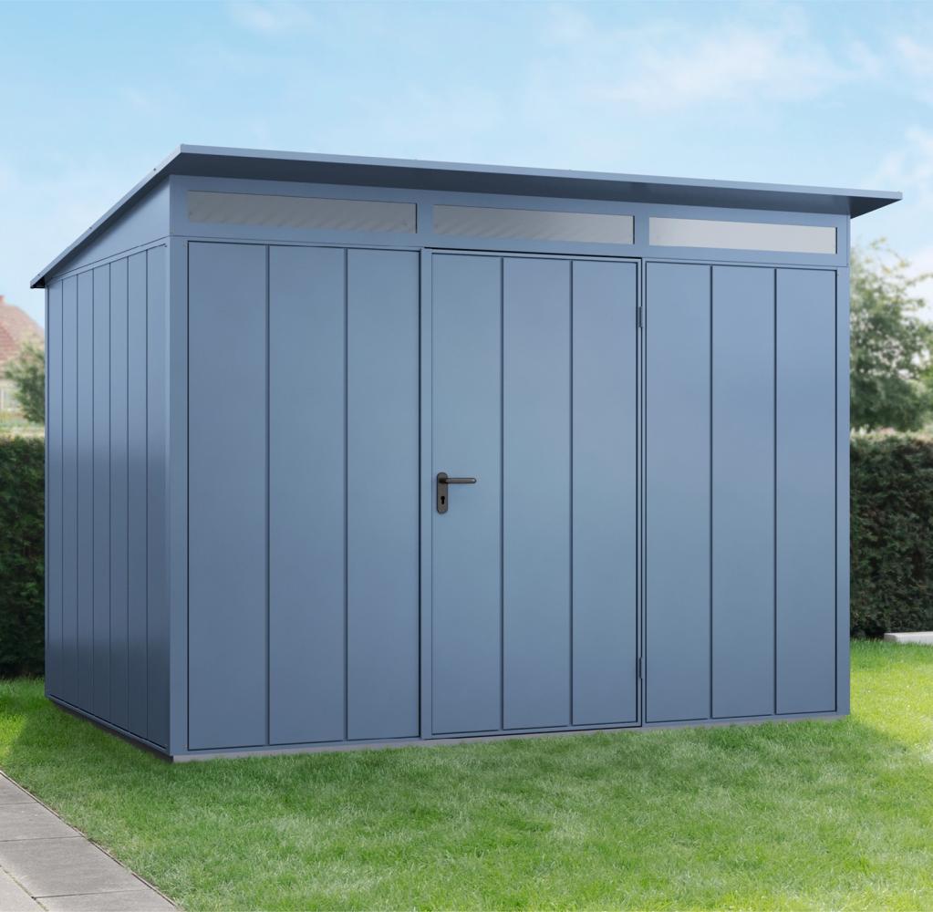 Hörmann Ecostar Metall-Gerätehaus Elegant mit Pultdach Typ 3, 238 x 303 cm , taubenblau, 7,2 m²,1-flüglige Tür Bild 1