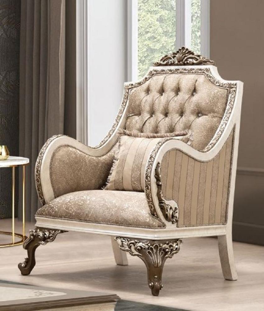 Casa Padrino Luxus Barock Sessel Beige / Cremefarben / Braun / Gold - Prunkvoller Wohnzimmer Sessel mit elegantem Muster - Barock Wohnzimmer Möbel Bild 1