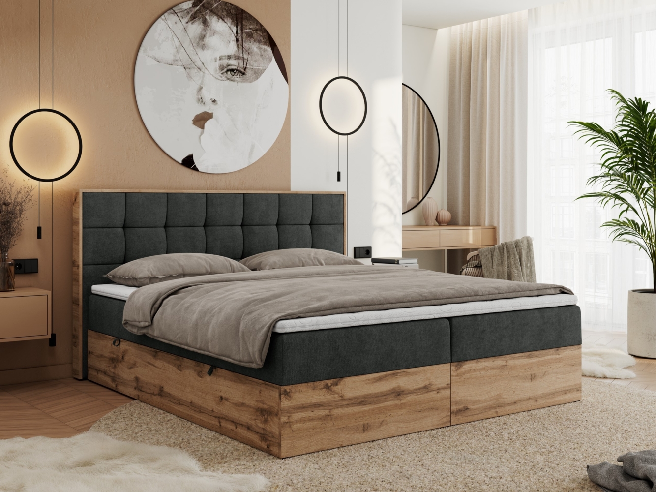 Boxspringbett mit Kopfteil und Topper, Polsterbett - ALBERO 1 - 180 x 200 cm - Dunkelgrau Stoff - H4 Bild 1