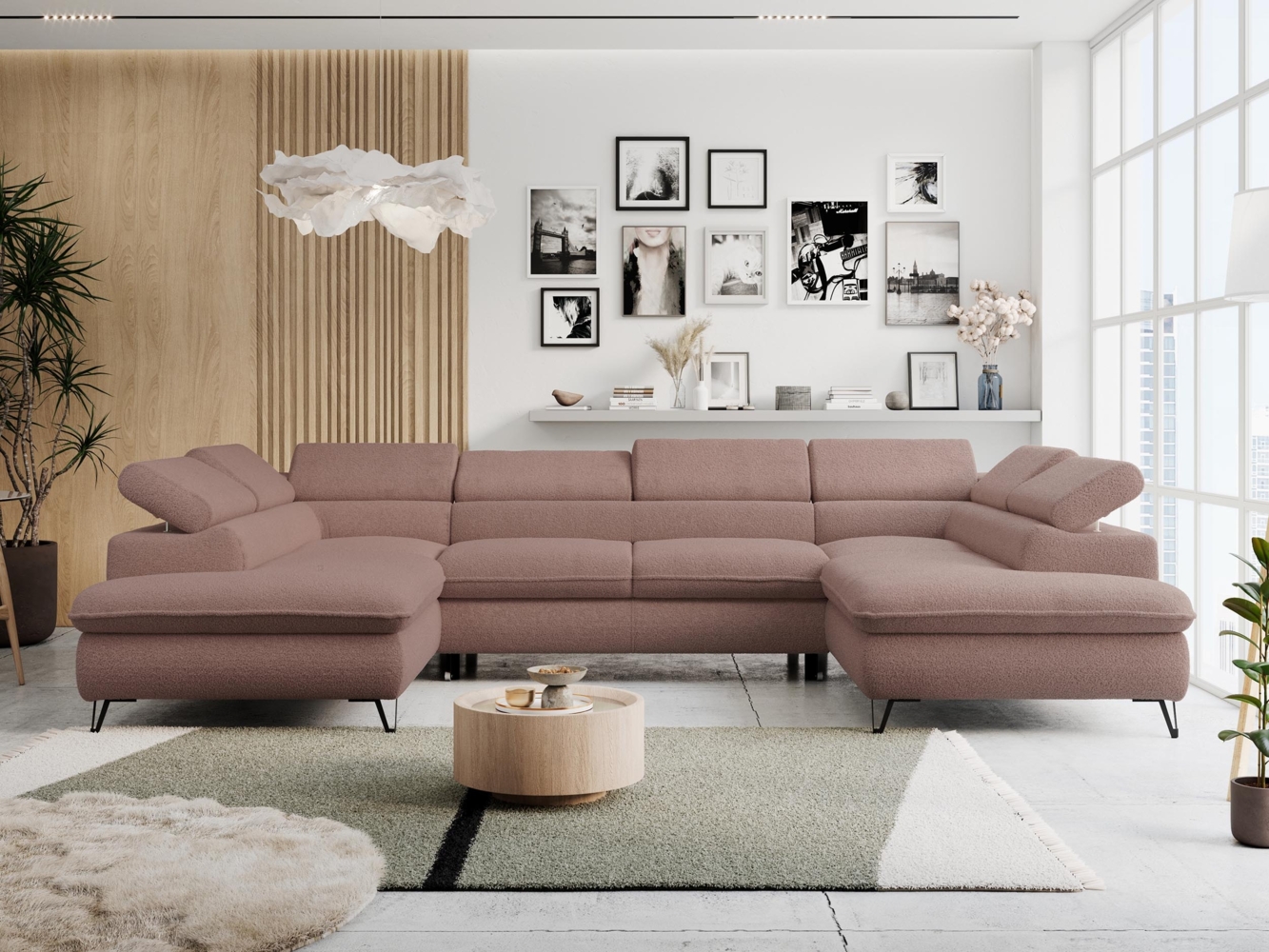 Mks Möbel 'Peter U-Form' Ecksofa mit Bettkasten, Bettfunktion & einstellbaren Kopfstützen, Rosa, Boucle, mit Topper Bild 1