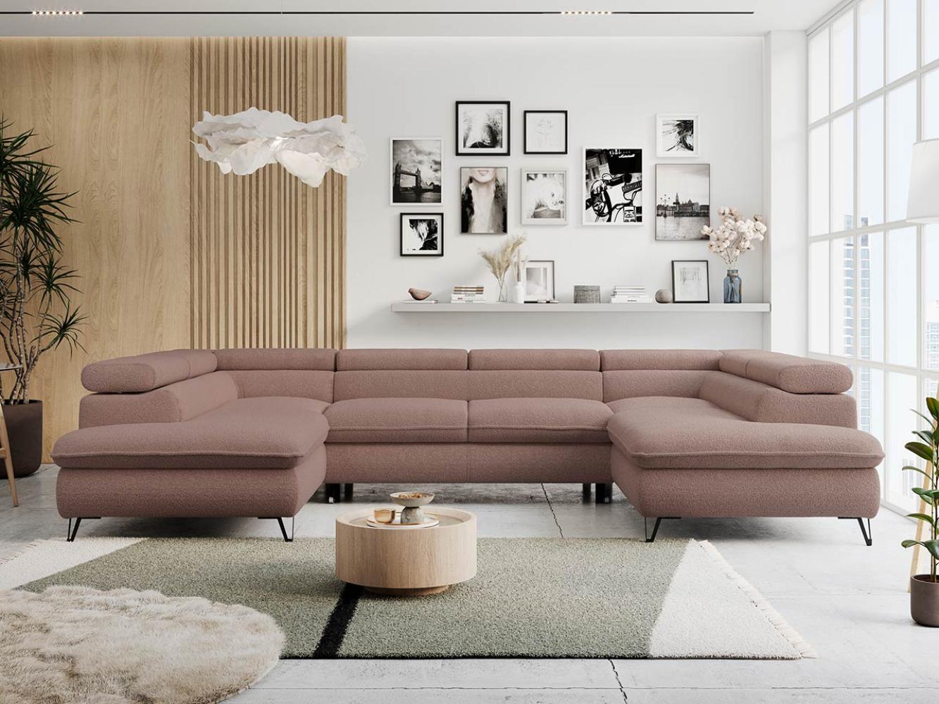 Ecksofa U-Form, mit Bettkasten, Bettfunktion und Einstellbare Kopfstützen, Sofa big XXL - PETER U - Rosa Boucle - Topper T25 Bild 1