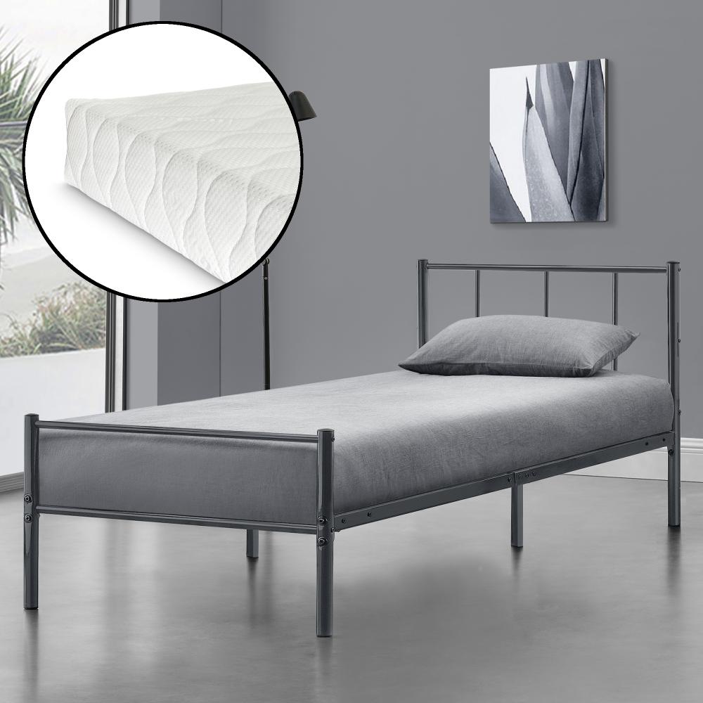 en.casa Laos Metallbett, Einzelbett 90x200 cm, Dunkelgrau, mit Matratze und Lattenrost Bild 1