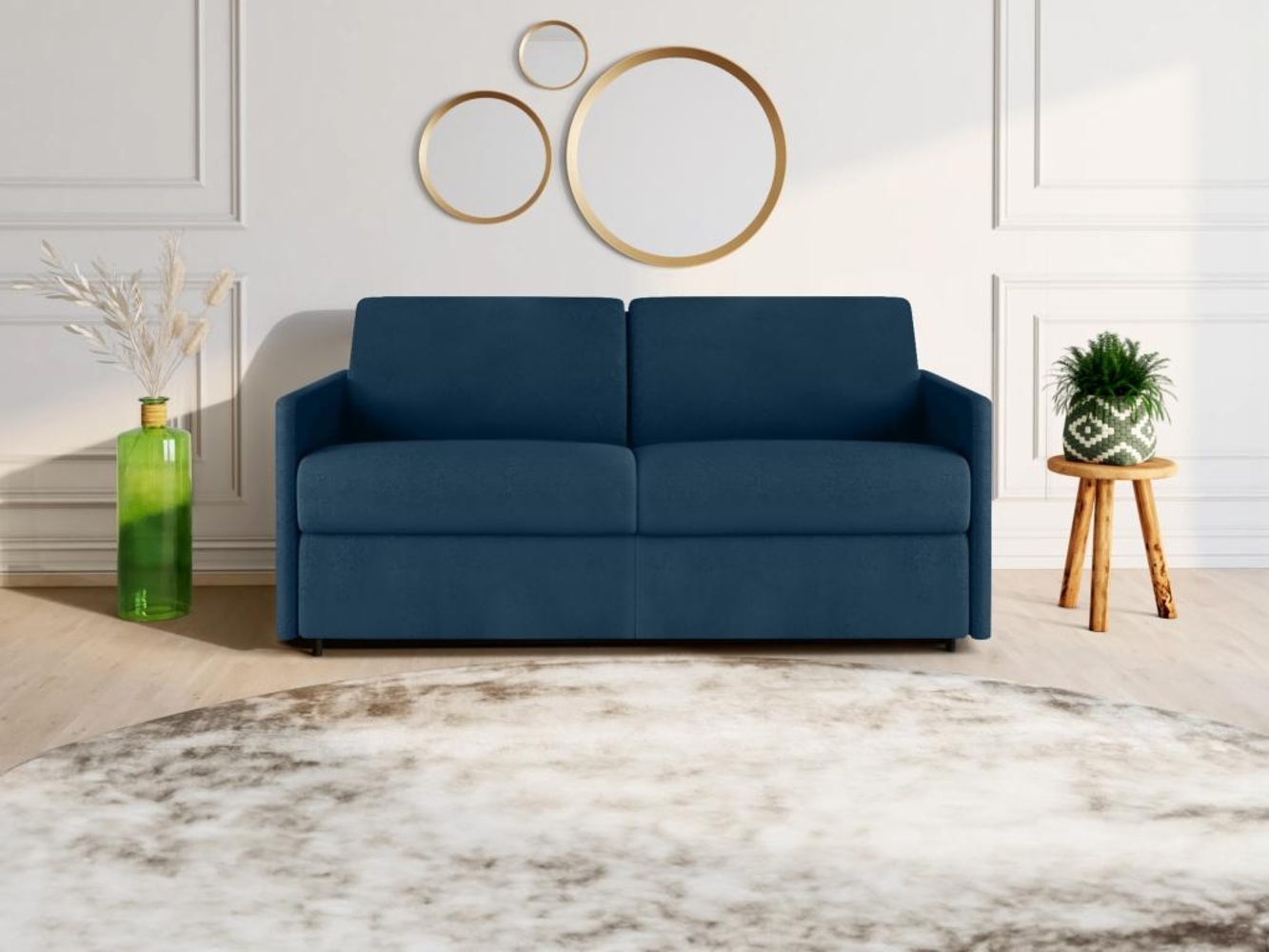 Vente-unique - Schlafsofa 3-Sitzer - Liegefläche mit Lattenrost mit breiten Latten: 140 cm - Matratze: 14 cm - Stoff - Dunkelblau - CALIFE Bild 1