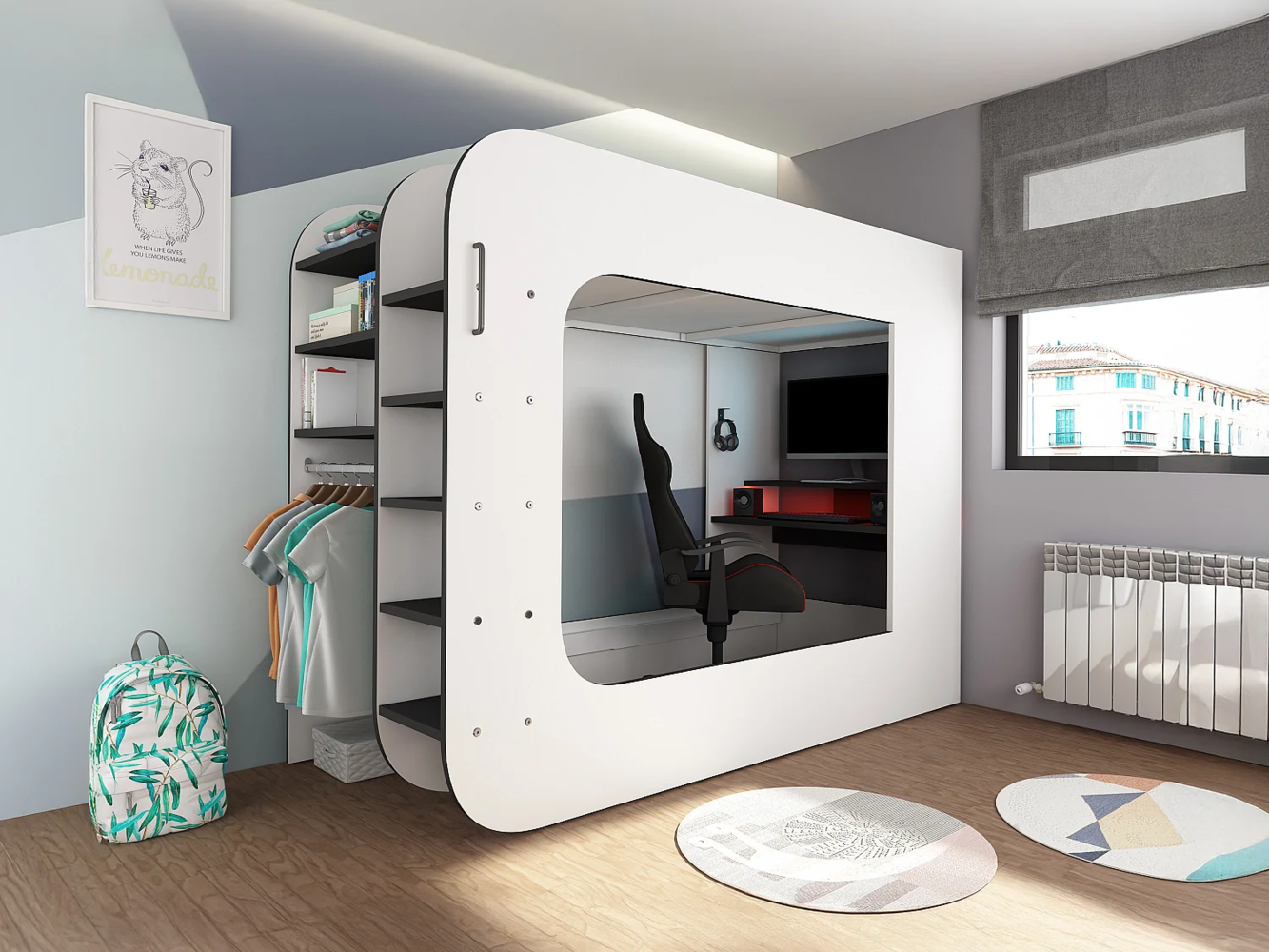 Vente-unique - Hochbett mit Gaming-Schreibtisch & Stauraum + LEDs - 90 x 200 cm - Weiß & Anthrazit - WARRIOR Bild 1