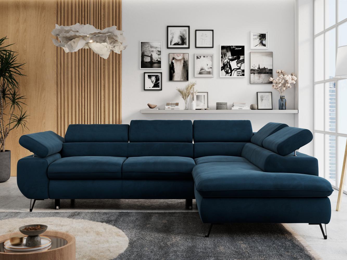 Ecksofa mit Bettfunktion, Modern Sofa, L-form, Einstellbare Kopfstützen, Bettkasten, PETER, 1x Ecksofa, 1x Topper, Dunkelblau, Velours, rechts Bild 1