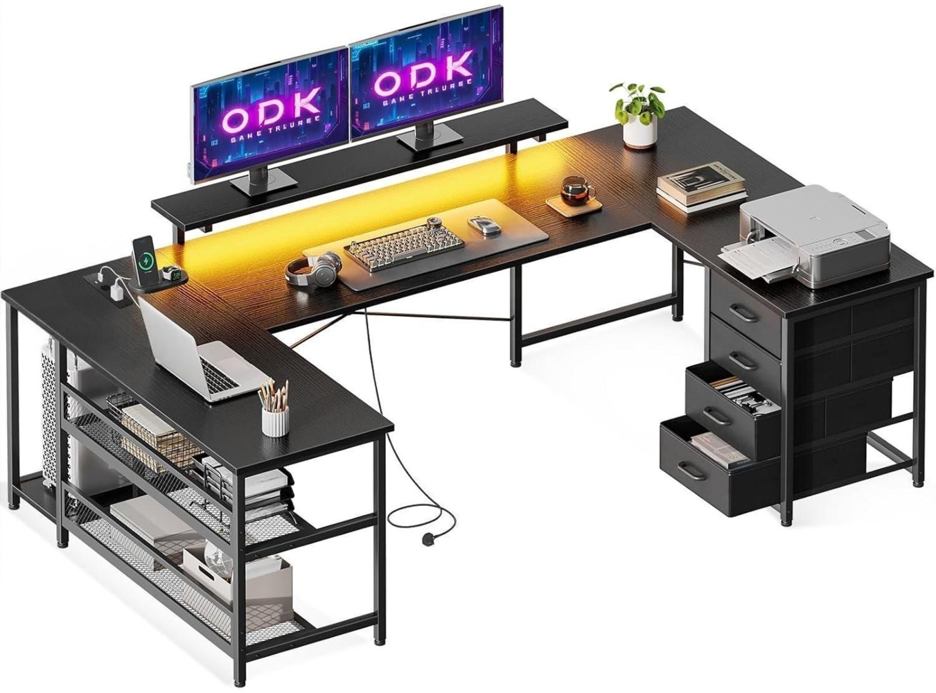 ODK Eckschreibtisch mit 4 Schubladen, Steckdosen, USB & LED, Schwarz, 75,4 x 100 x 167 cm Bild 1