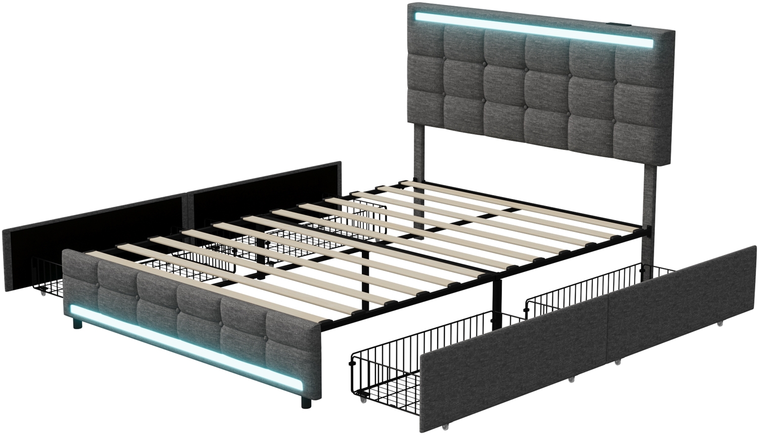 Polsterbett 140x200cm mit höhenverstellbarem Kopfteil und 4 Schubladen, LED und USB Sicherheitssteckdose, Funktionsbett Doppelbett aus Leinen, Grau Bild 1