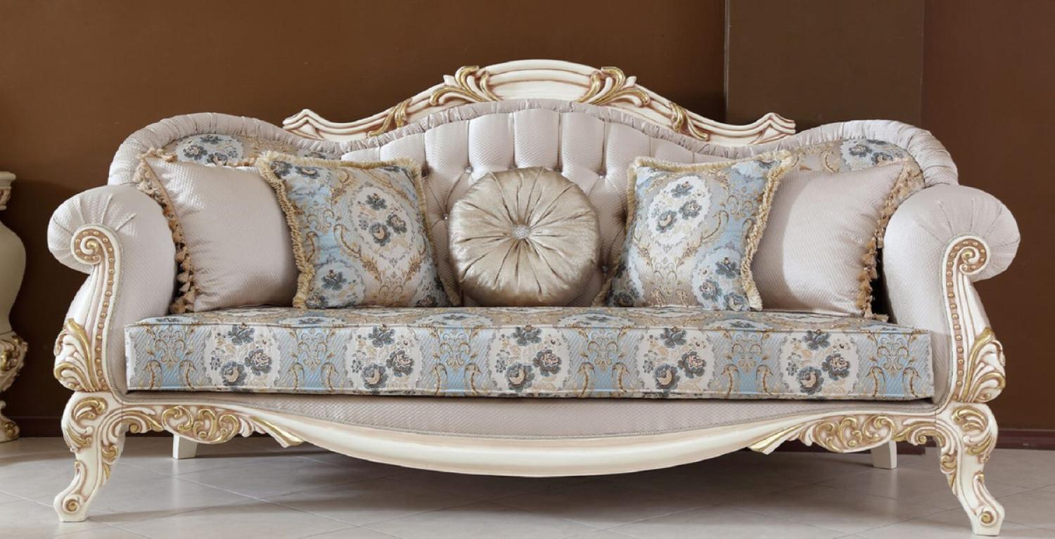 Casa Padrino Luxus Barock Sofa Hellgrau / Mehrfarbig / Beige / Gold - Handgefertigtes Barockstil Wohnzimmer Sofa mit elegantem Muster und Glitzersteinen - Prunkvolle Barock Wohnzimmer Möbel Bild 1