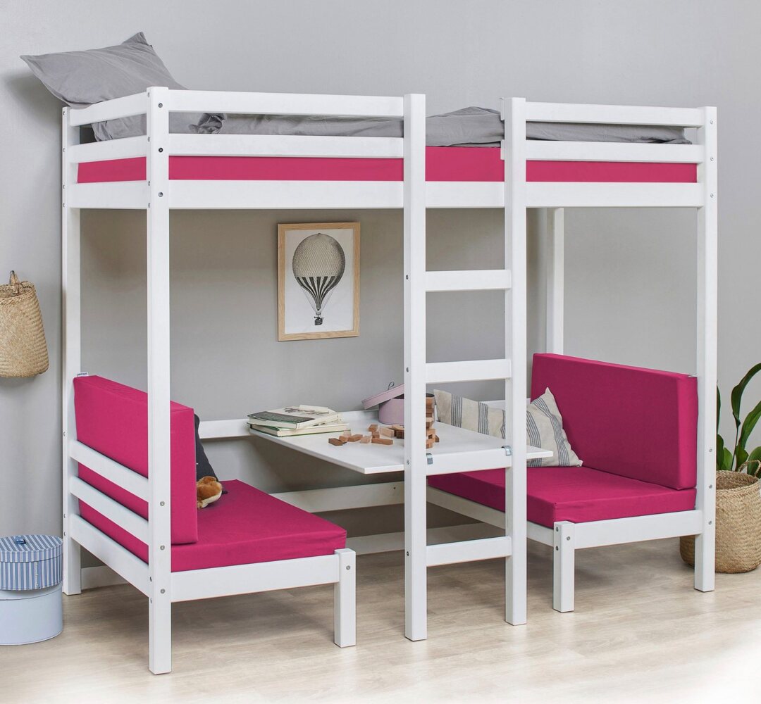 Hoppekids Hochbett ECO Dream JUMBO B/T/H 101/208/170 cm, umbaubar zum Etagenbett mit Sitzgruppe, Matratzen (oben u unten) in pink, Kiefer massiv/MDF Bild 1