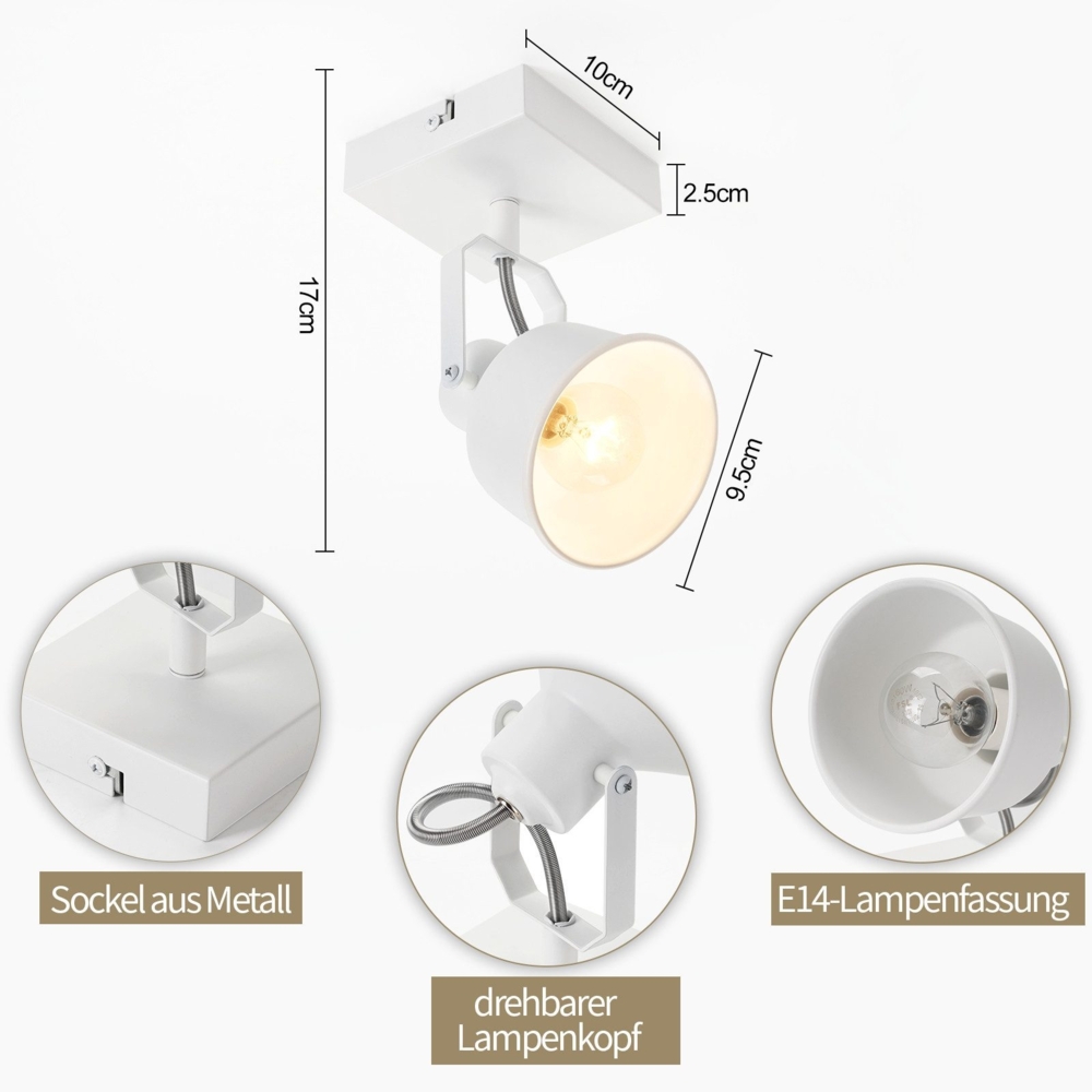 ZMH Deckenstrahler 1 Flammig Weiß: Wandleuchte Vintage Schwenkbar 350° Wandstrahler MAX. 40W Spotlight E14 Fassung Retro Küchenlampe für Wohnzimmer Schlafzimmer Büro (ohne Leuchtmittel) Bild 1