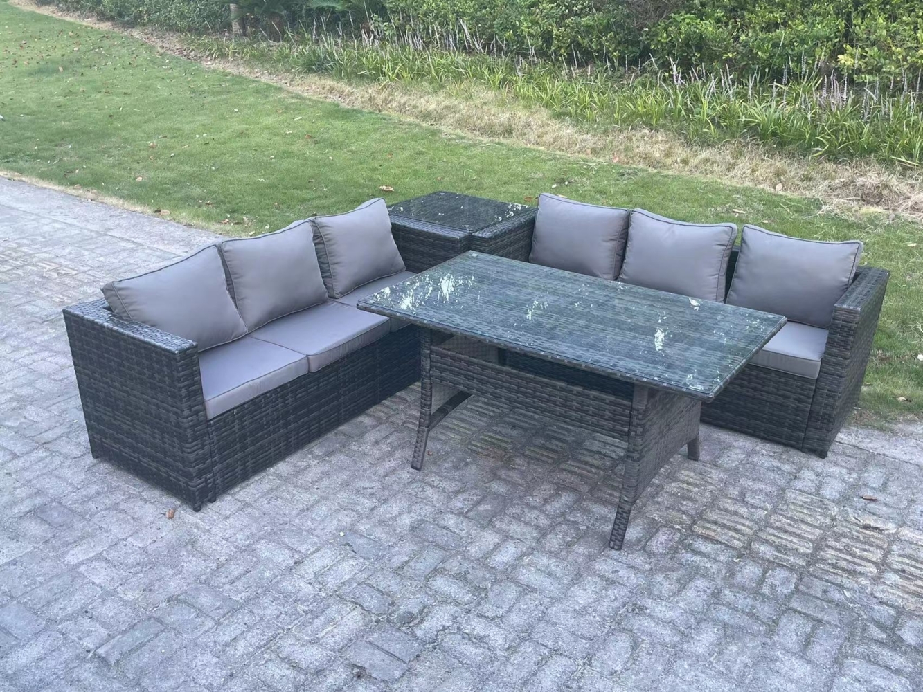 Fimous Polyrattan Gartenmöbel Set Terrassen Rattan Rechteckiger Esstisch Lounge Sofa mit Beistelltisch 6 Sitzer Dunkelgrau gemischt Bild 1