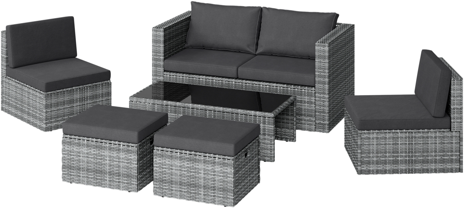 STEELSØN 'Noctura' Polyrattan Sitzgruppe, 2er Sofa, 2 Stühle, 2 Sitzhocker, Tisch, grau Bild 1