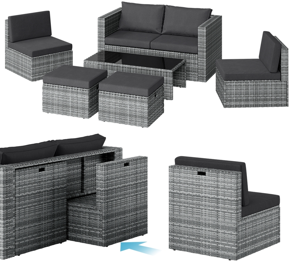 STEELSØN 'Noctura' Polyrattan 6-tlg. Gartenlounge, Sitzgruppe aus Sofa, Tisch, 2x Sessel, 2x Sitzhocker, grau-meliert/anthrazit, wetterfest, für 6 Personen Bild 1